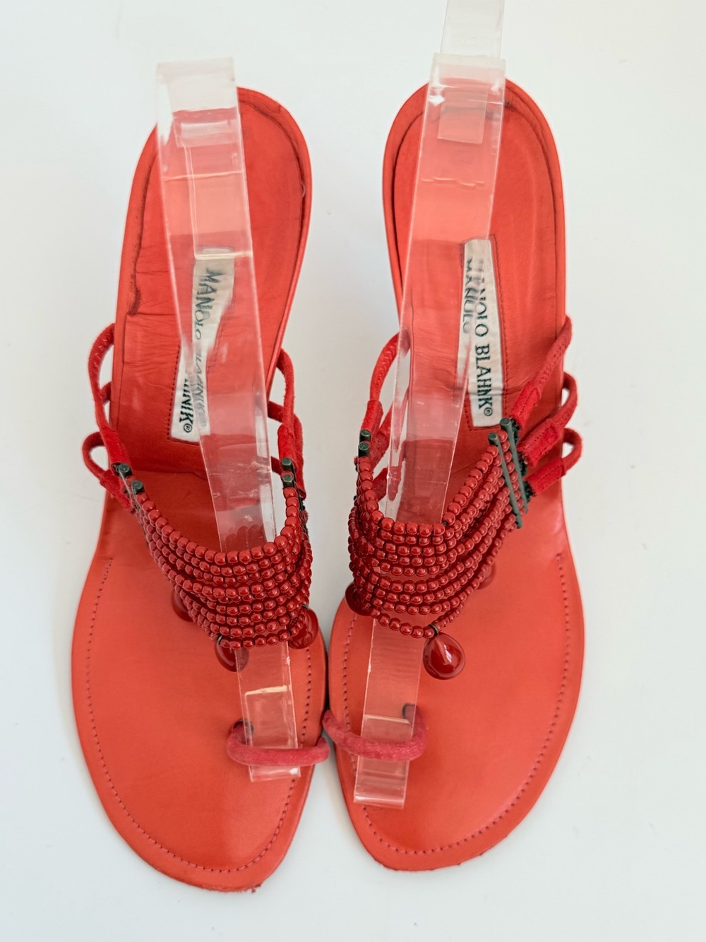 Rare Vintage Manolo Blahnik Red Beaded Toe Loop Heeled Sandals Y2K 40 - Picture 2 of 10